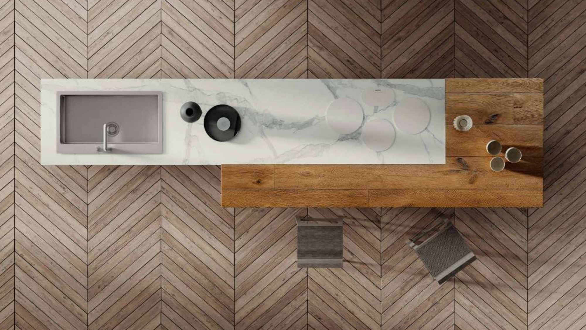 cucina con isola con tavolo